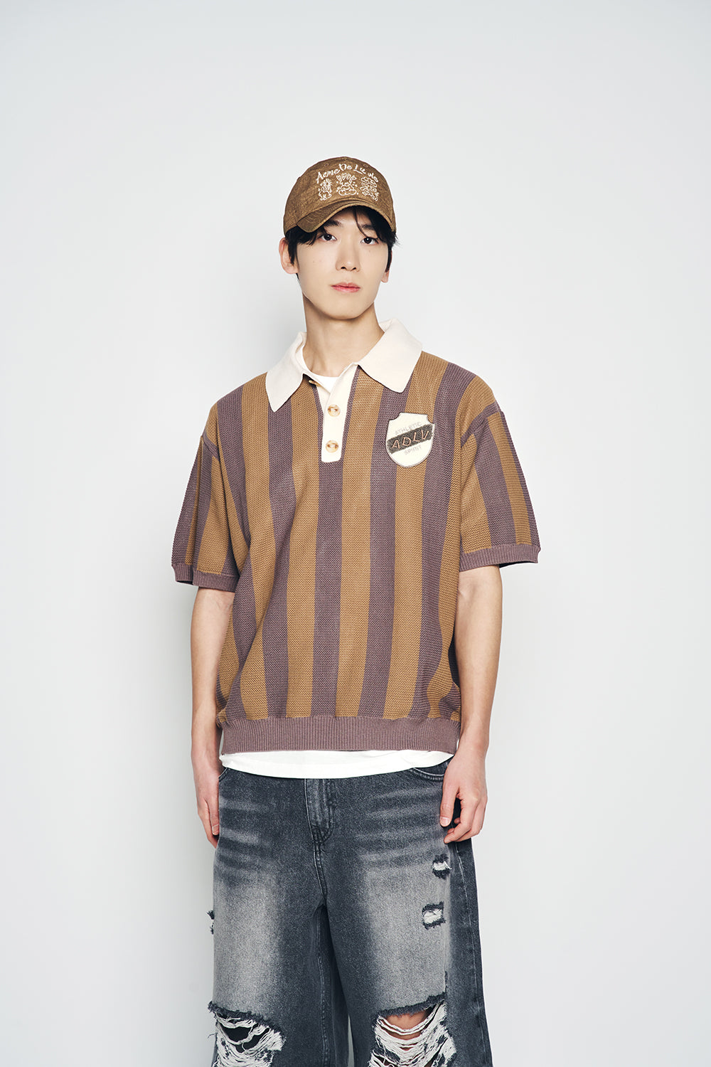 COLLAR POINT STRIPE SHORT SLEEVE KNIT BROWN