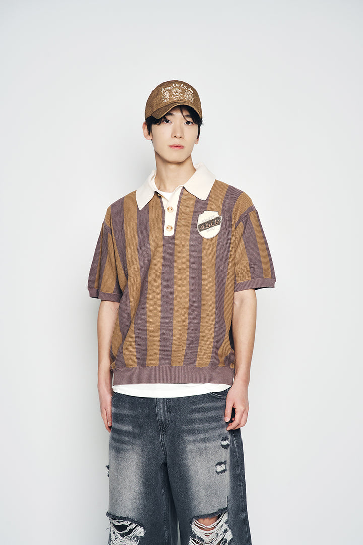 COLLAR POINT STRIPE SHORT SLEEVE KNIT BROWN