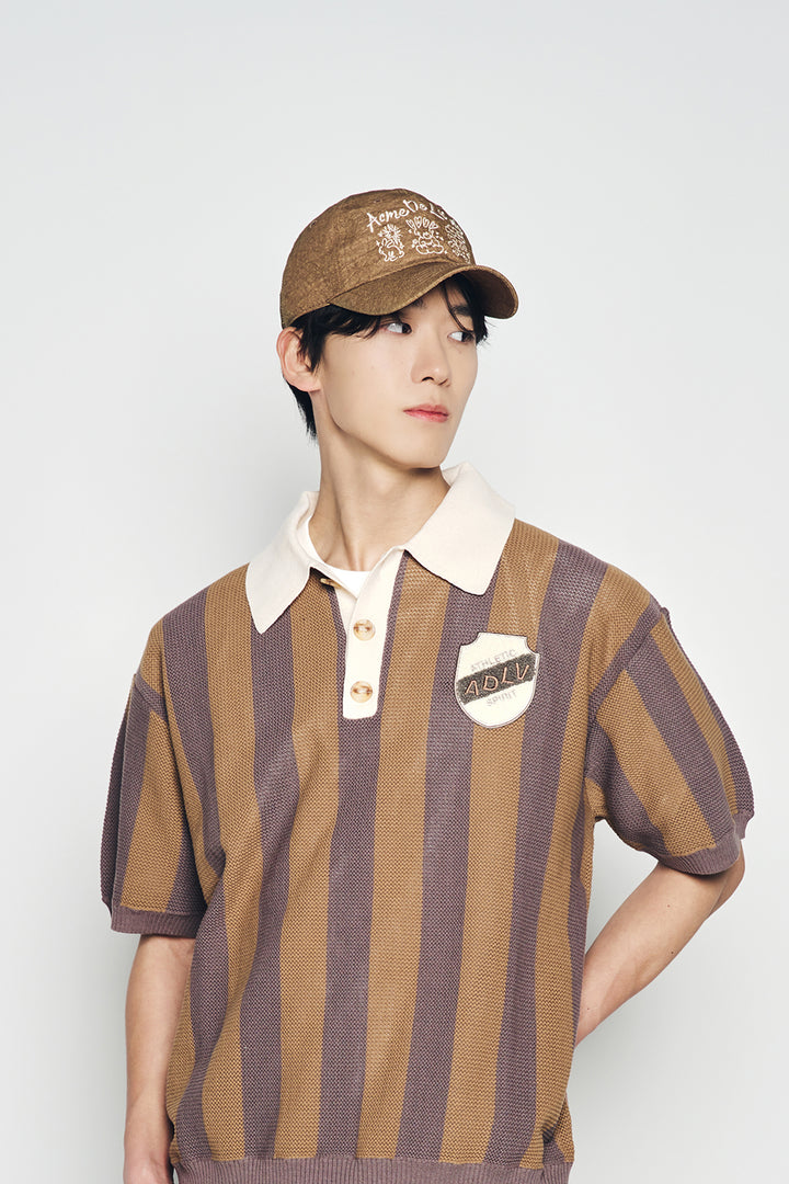 COLLAR POINT STRIPE SHORT SLEEVE KNIT BROWN