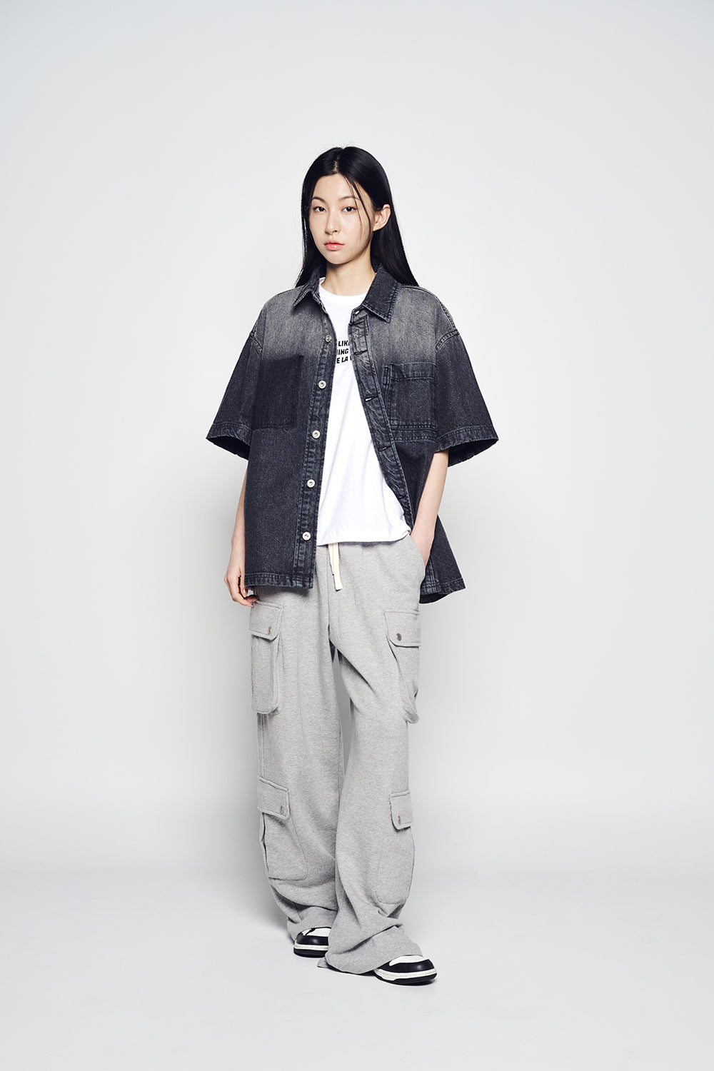 OVERSIZE WASHING DENIM SHORT SLEEVE SHIRTS BLACK