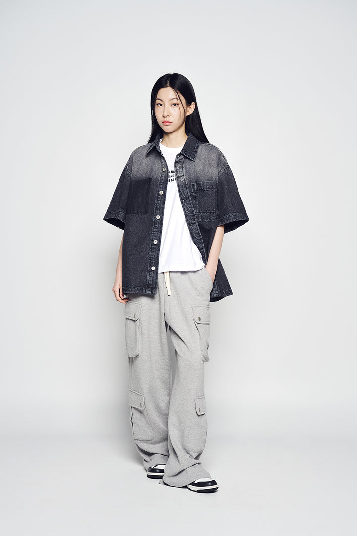 OVERSIZE WASHING DENIM SHORT SLEEVE SHIRTS BLACK