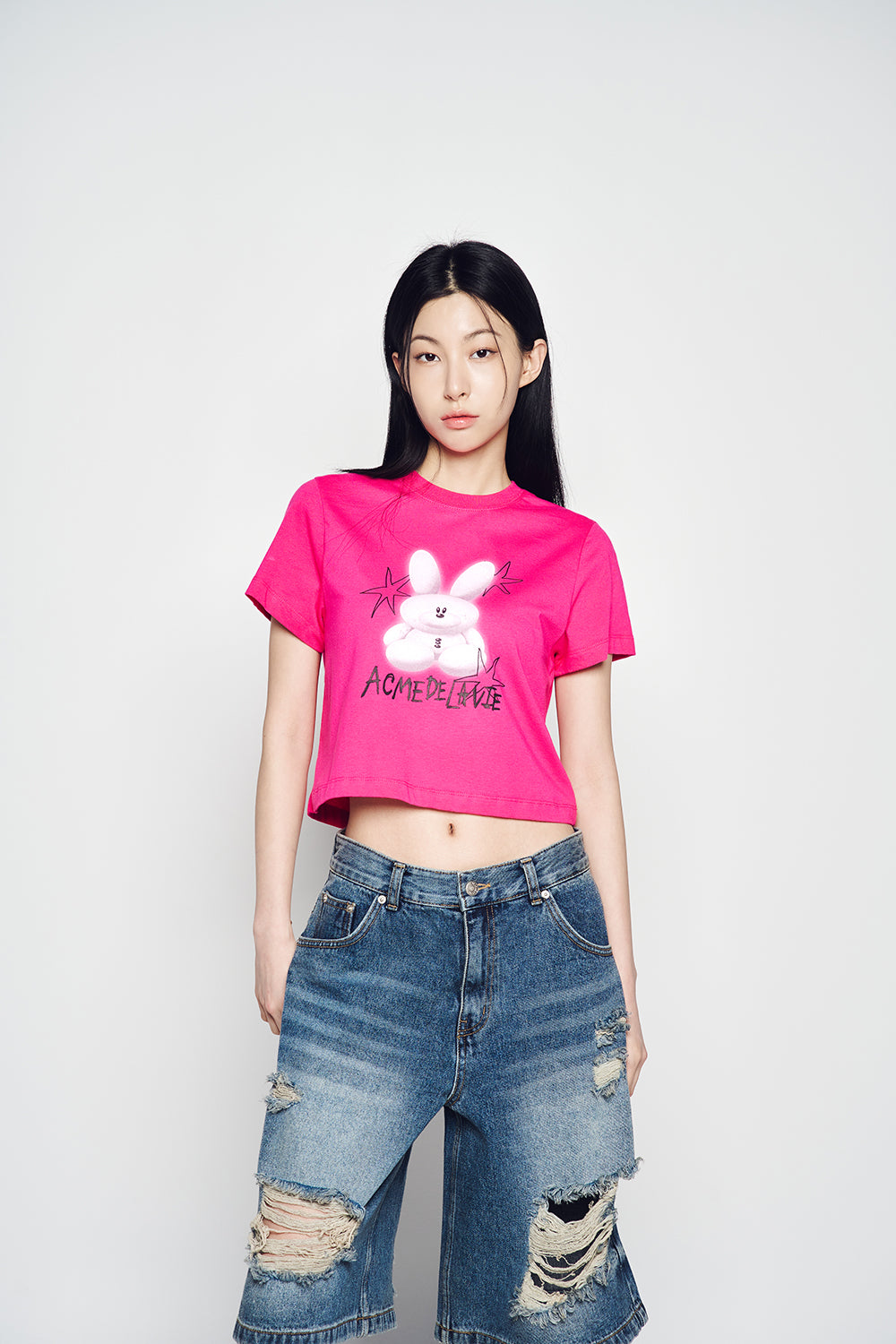 ROUND SPRAY RABBIT CROP SHORT SLEEVE T-SHIRT HOT PINK