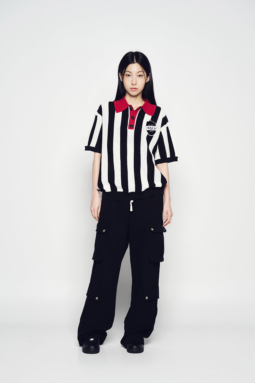 COLLAR POINT STRIPE SHORT SLEEVE KNIT BLACK