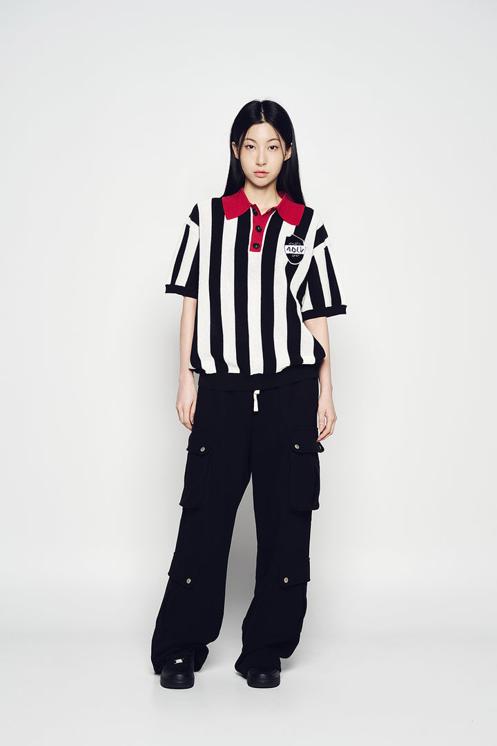 COLLAR POINT STRIPE SHORT SLEEVE KNIT BLACK