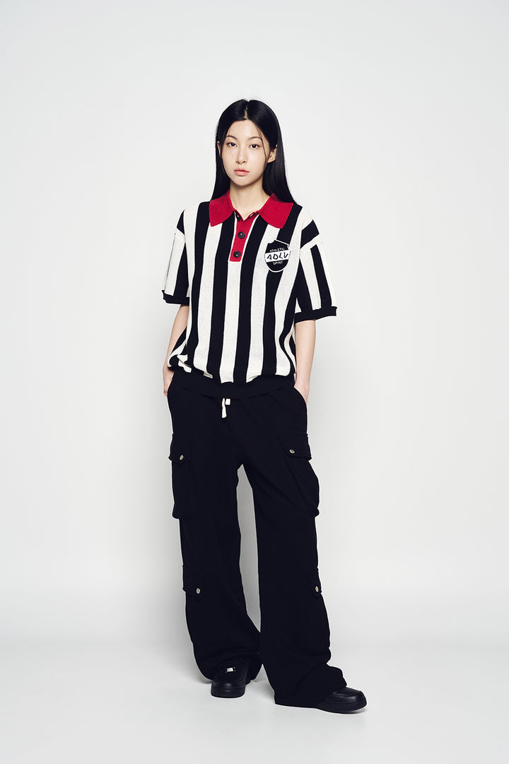 COLLAR POINT STRIPE SHORT SLEEVE KNIT BLACK