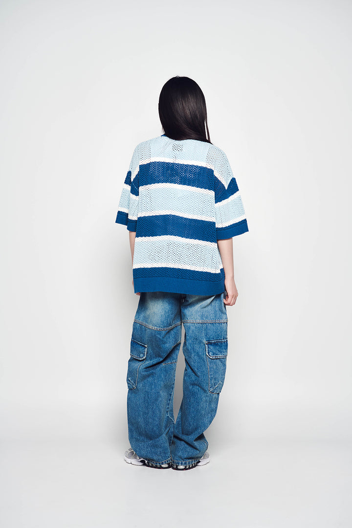 OVERSIZE STRIPE SHORT SLEEVE KNIT BLUE