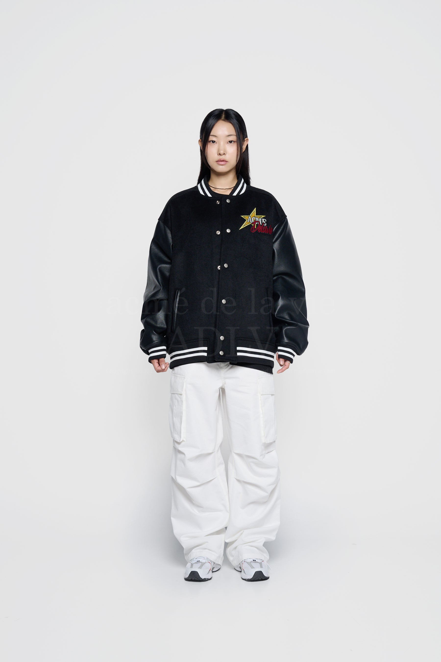 ADLV x HOSHI | PIXEL BEAR ARTWORK VARSITY JACKET BLACK