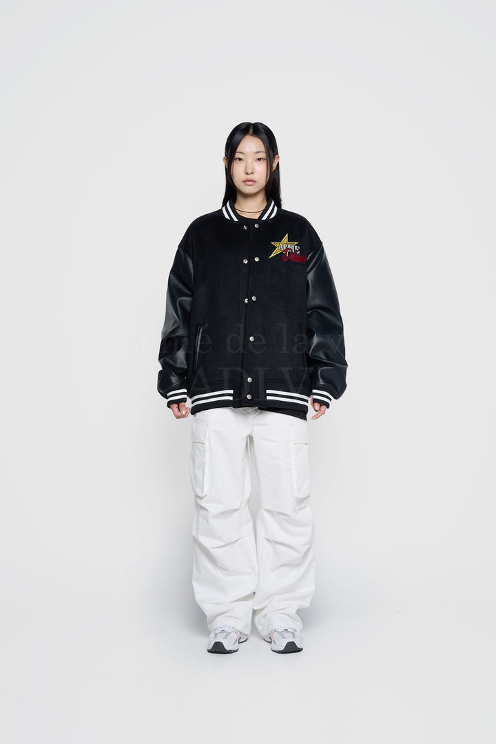 ADLV X HOSHI PIXEL BEAR ARTWORK VARSITY JACKET BLACK