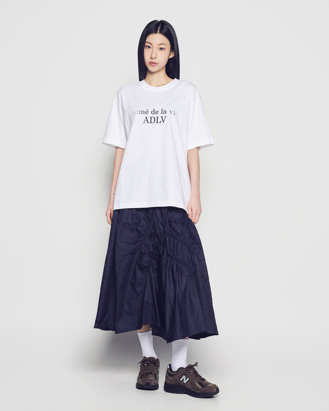WOMAN CHECK SHIRRING LONG SKIRT BLUE