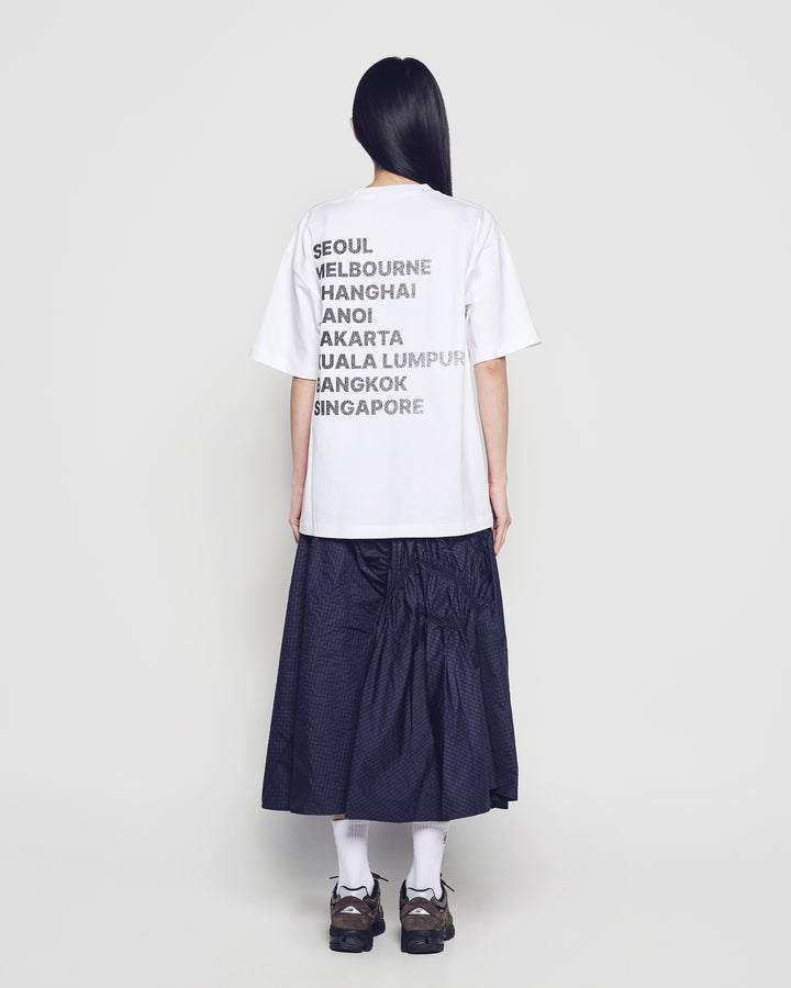 WOMAN CHECK SHIRRING LONG SKIRT BLUE