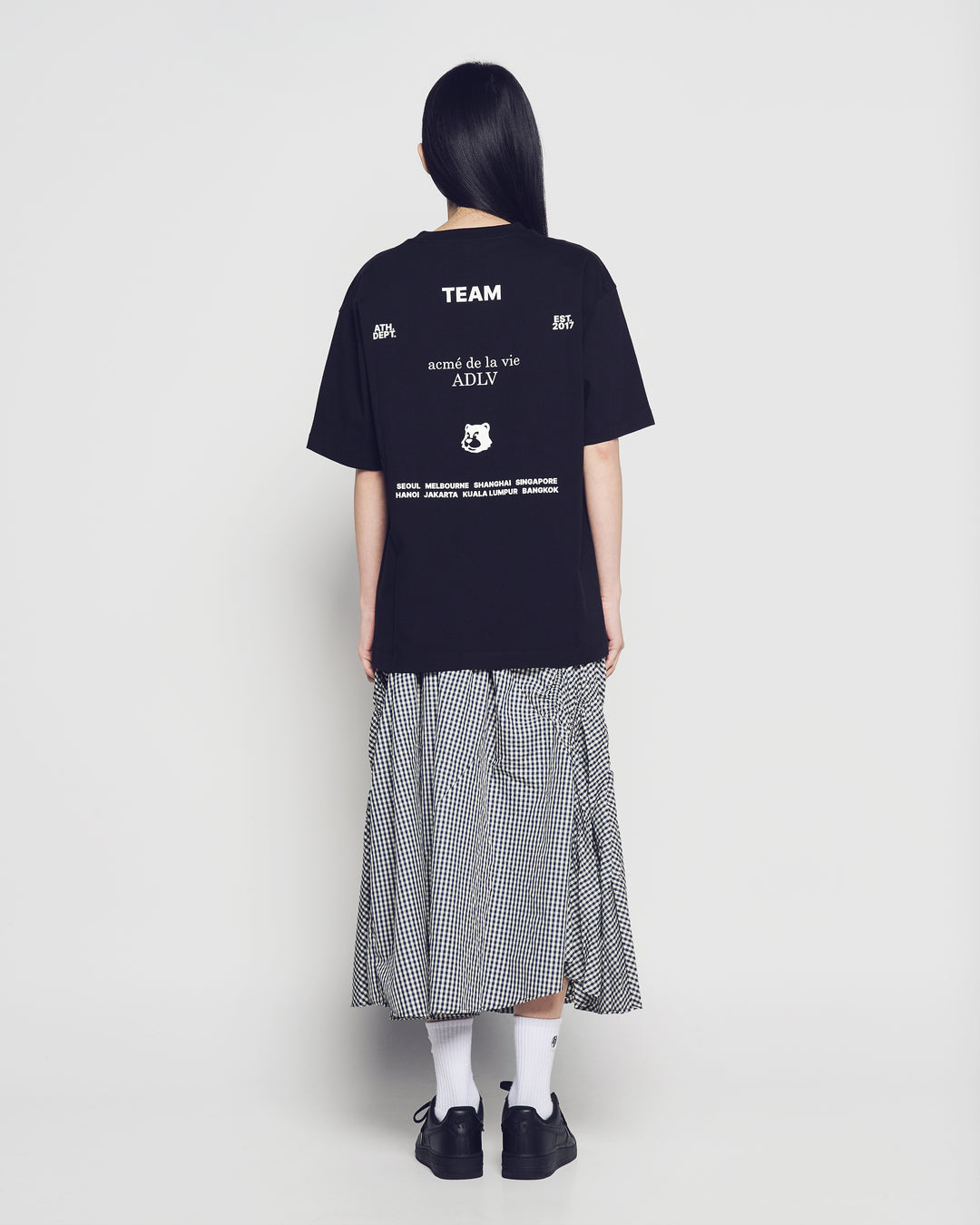 WOMAN CHECK SHIRRING LONG SKIRT BLUE