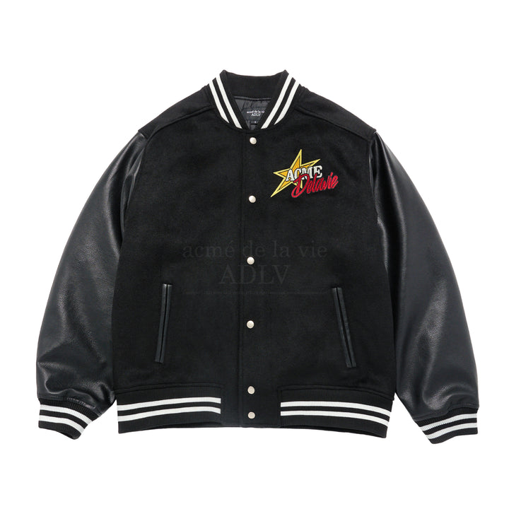 ADLV X HOSHI PIXEL BEAR ARTWORK VARSITY JACKET BLACK