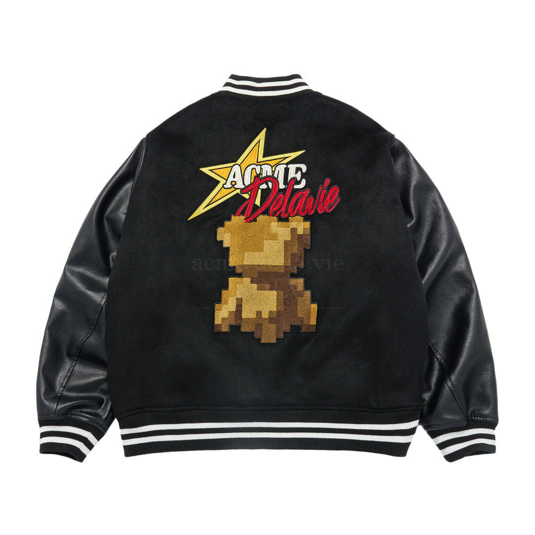 ADLV X HOSHI PIXEL BEAR ARTWORK VARSITY JACKET BLACK