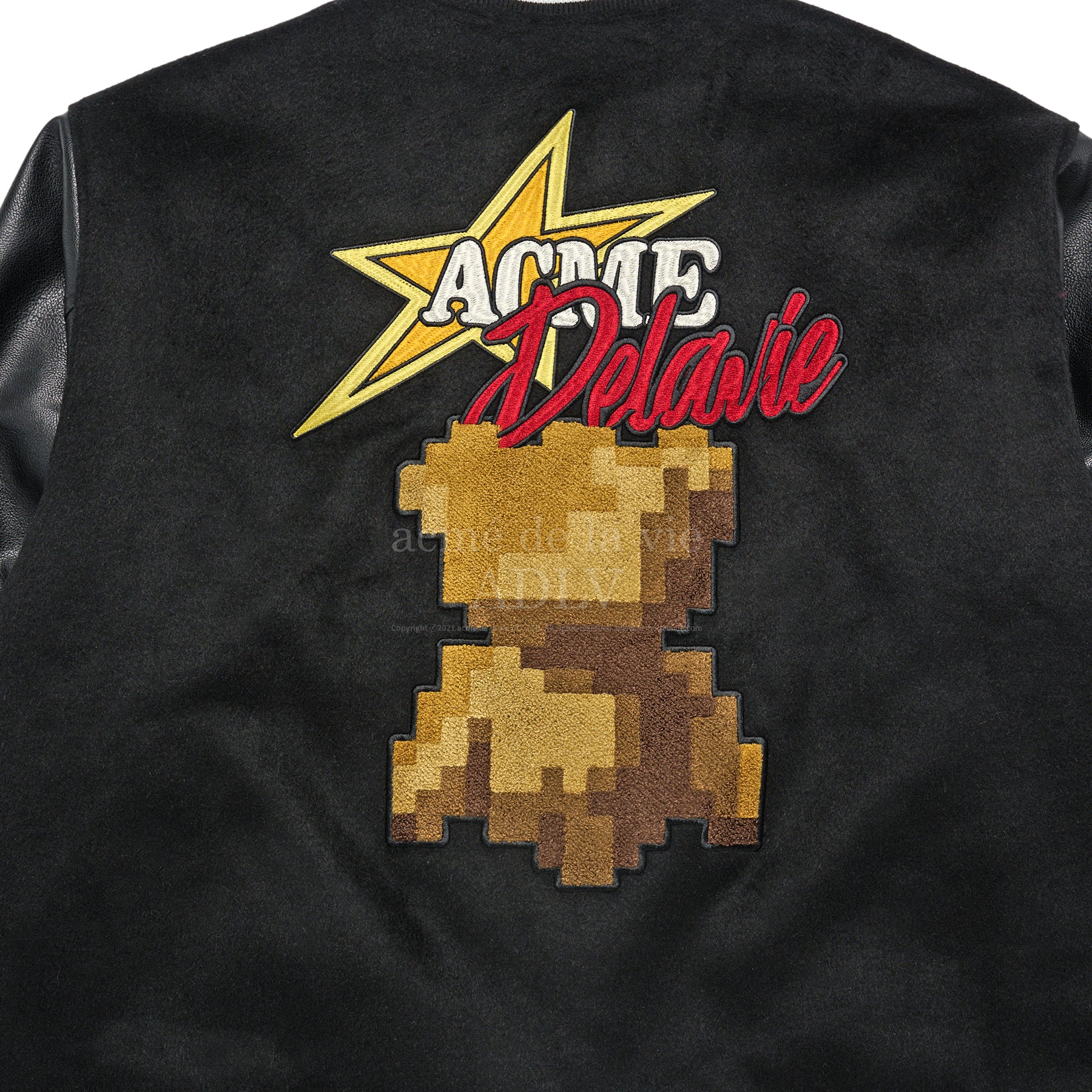 ADLV x HOSHI | PIXEL BEAR ARTWORK VARSITY JACKET BLACK ADLV x HOSHI | PIXEL BEAR ARTWORK VARSITY JACKET BLACK