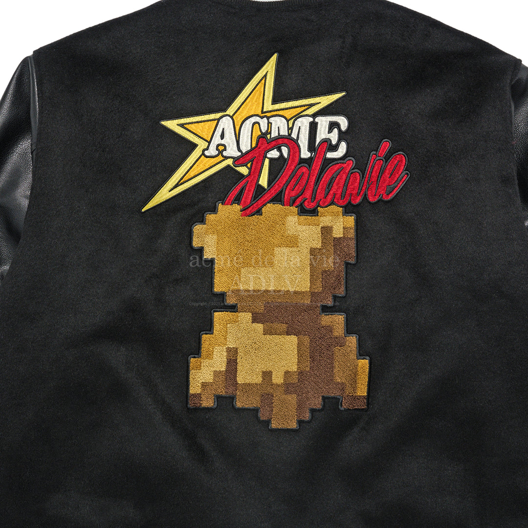 ADLV X HOSHI PIXEL BEAR ARTWORK VARSITY JACKET BLACK