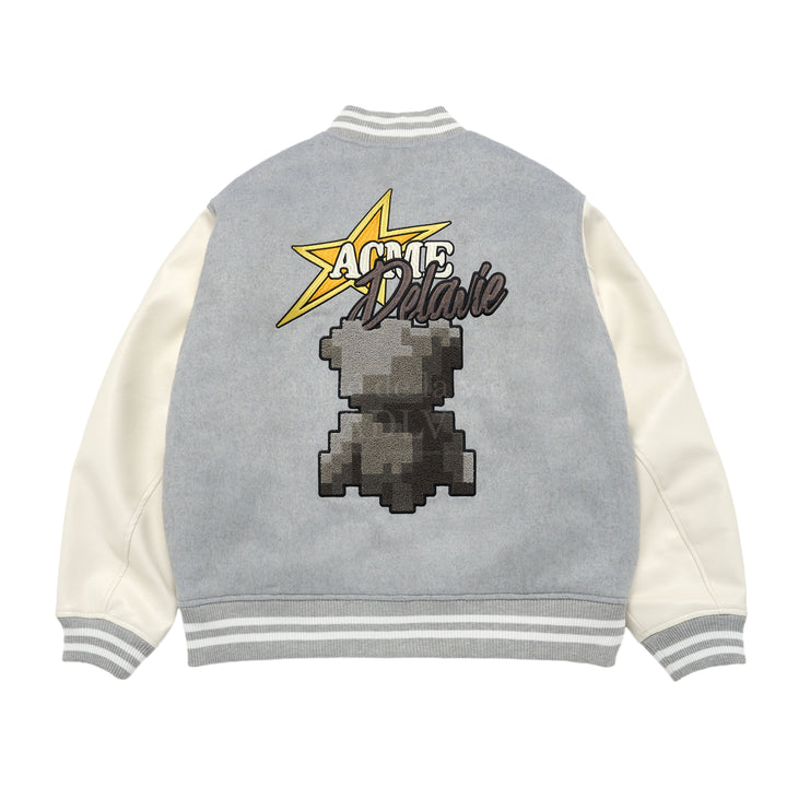 ADLV X HOSHI PIXEL BEAR ARTWORK VARSITY JACKET MELANGE