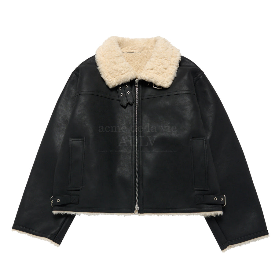 ADLV X HOSHI HIGHNECK VINTAGE CRACK VEGAN LEATHER MOUTON JACKET BLACK