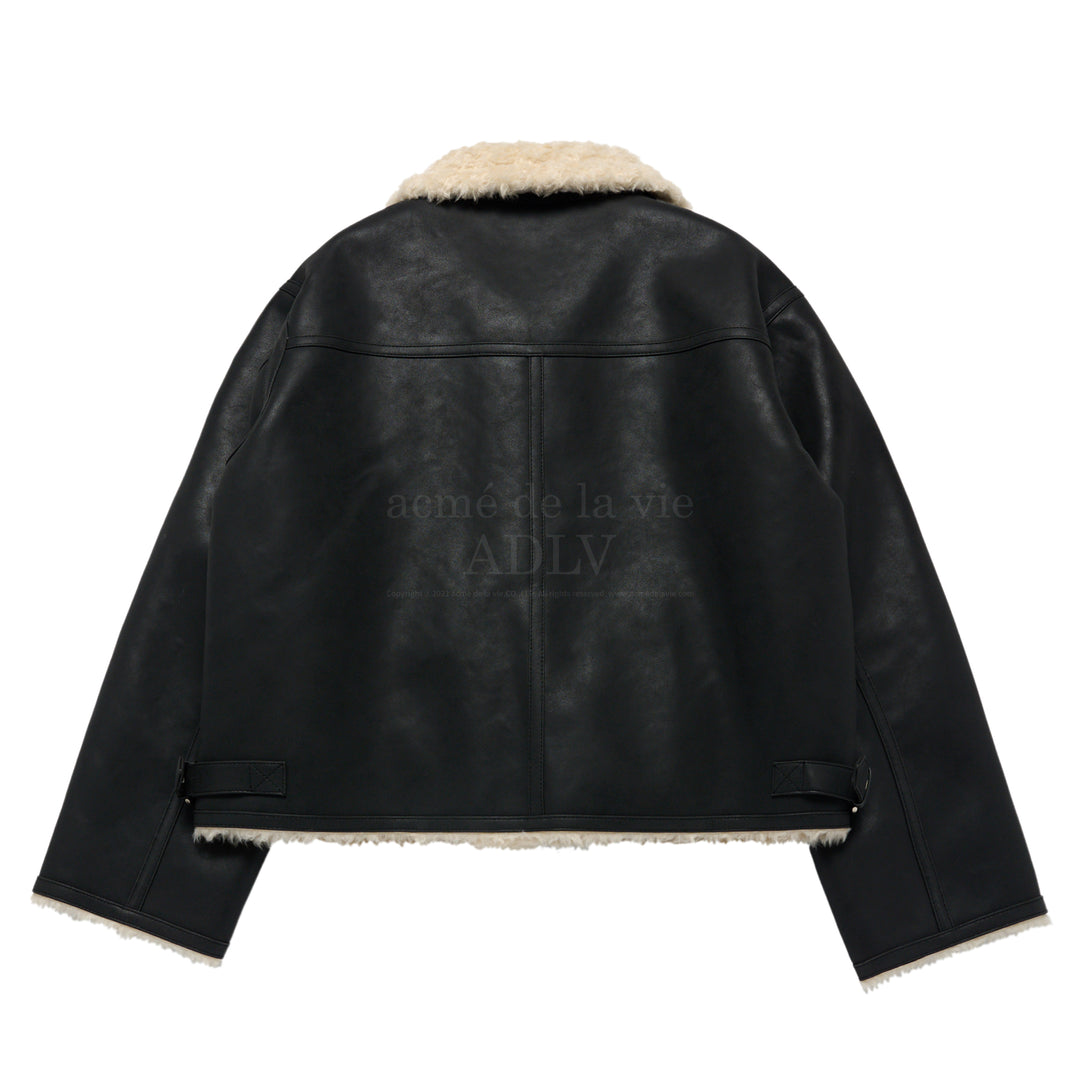 ADLV X HOSHI HIGHNECK VINTAGE CRACK VEGAN LEATHER MOUTON JACKET BLACK