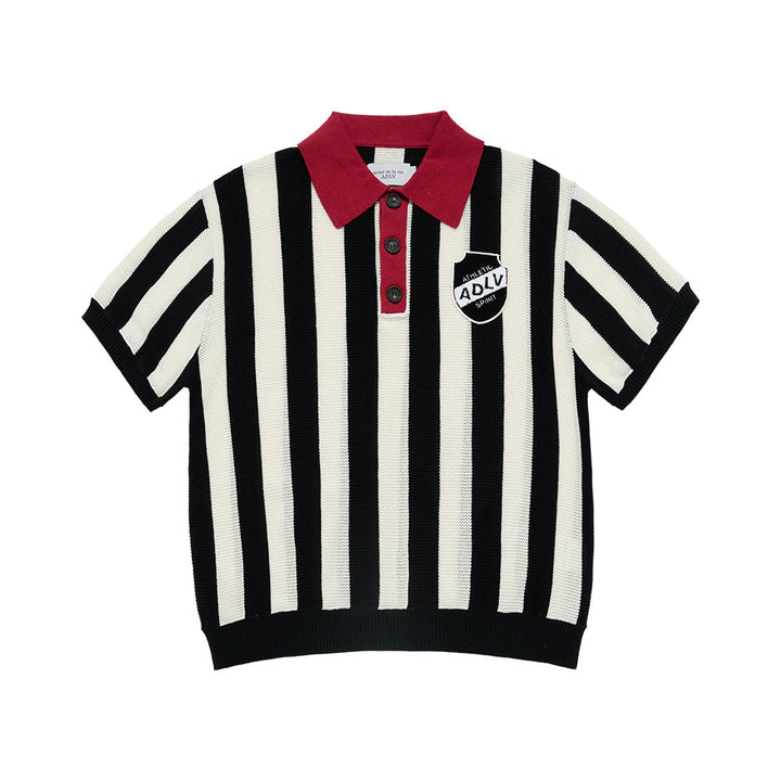 COLLAR POINT STRIPE SHORT SLEEVE KNIT BLACK