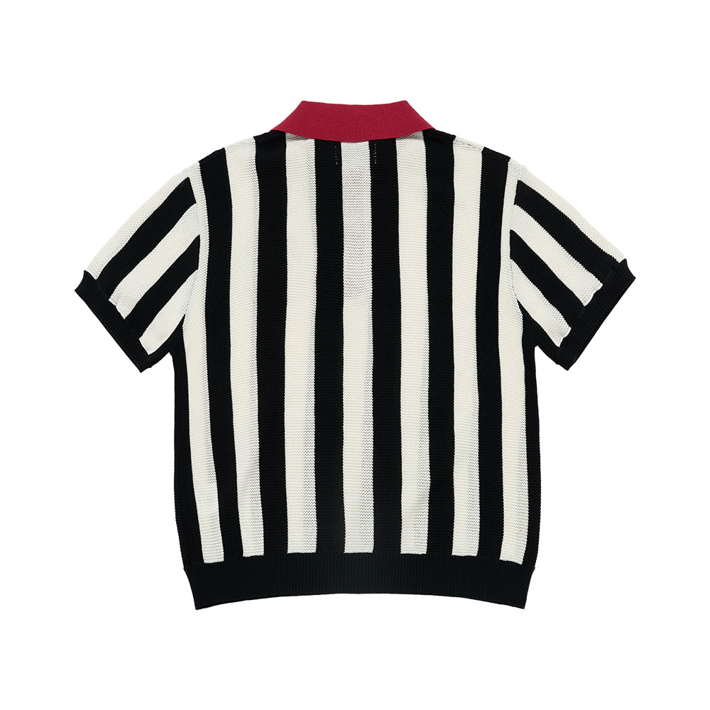 COLLAR POINT STRIPE SHORT SLEEVE KNIT BLACK
