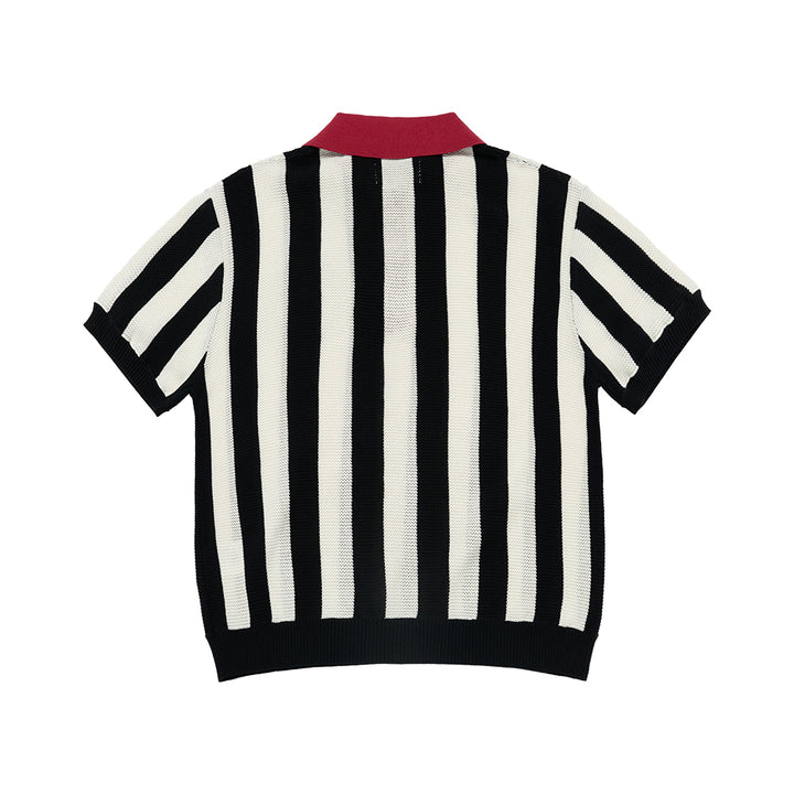 COLLAR POINT STRIPE SHORT SLEEVE KNIT BLACK