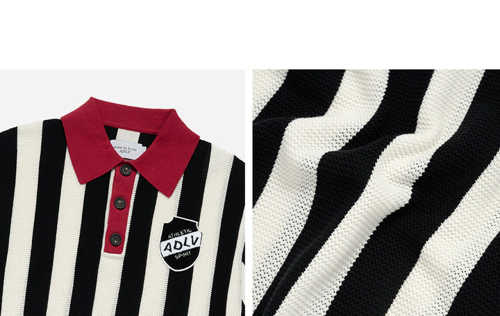 COLLAR POINT STRIPE SHORT SLEEVE KNIT BLACK