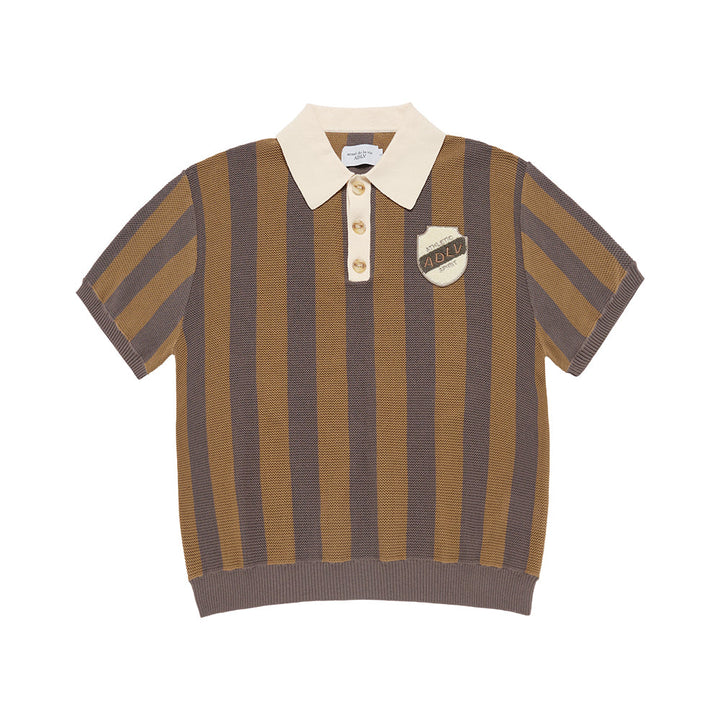 COLLAR POINT STRIPE SHORT SLEEVE KNIT BROWN