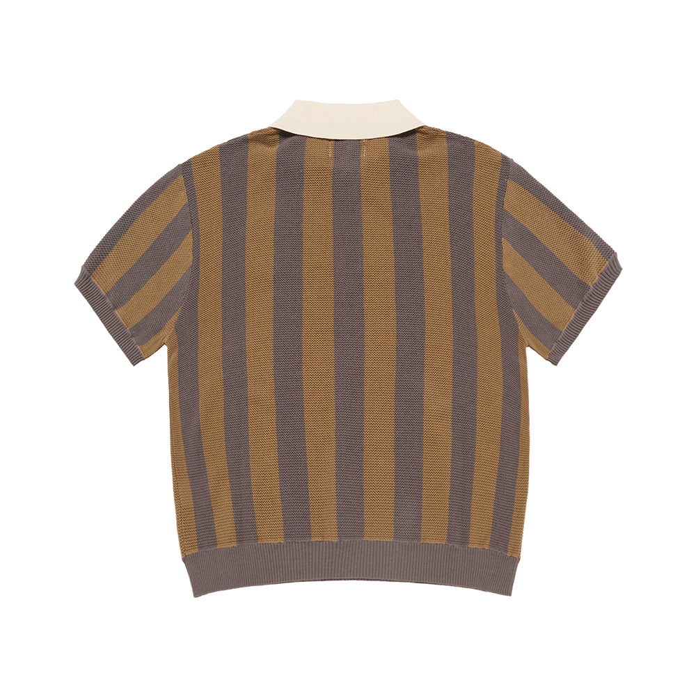COLLAR POINT STRIPE SHORT SLEEVE KNIT BROWN