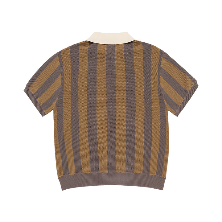 COLLAR POINT STRIPE SHORT SLEEVE KNIT BROWN
