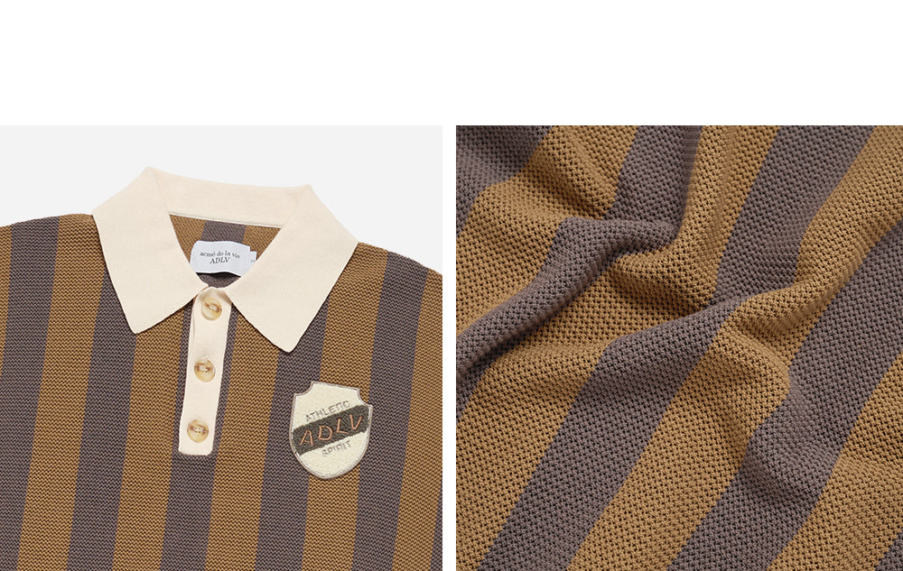 COLLAR POINT STRIPE SHORT SLEEVE KNIT BROWN