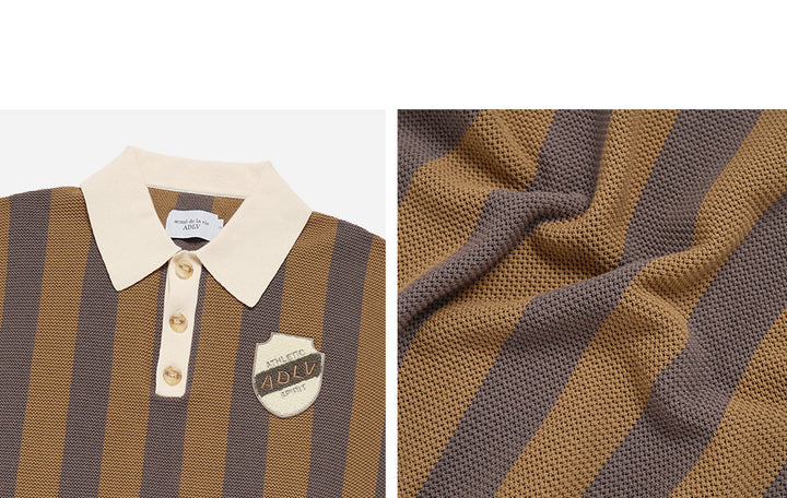 COLLAR POINT STRIPE SHORT SLEEVE KNIT BROWN