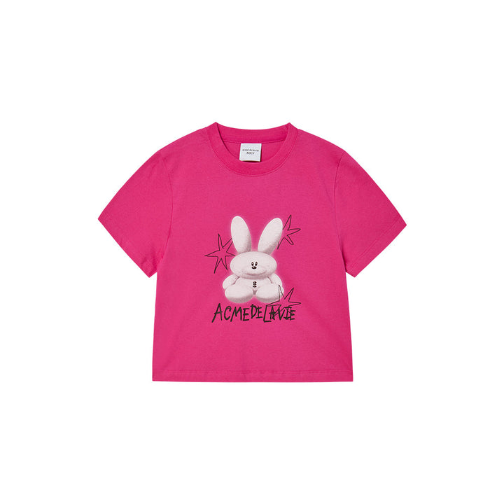ROUND SPRAY RABBIT CROP SHORT SLEEVE T-SHIRT HOT PINK