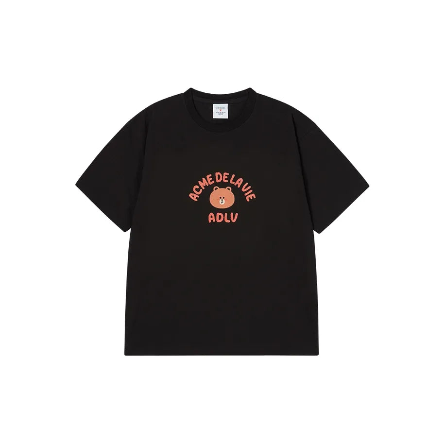 BEAR DOLL HUG BROWN LINE FRIENDS SHORT SLEEVE T-SHIRT BLACK
