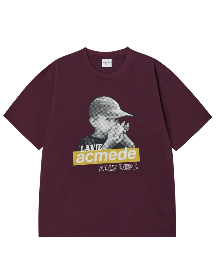 HALFTONE BOX CAPBOY SHORT SLEEVE T-SHIRT DARK WINE