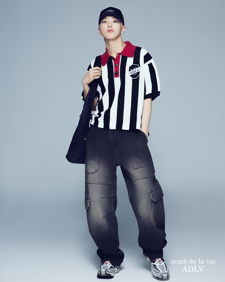 COLLAR POINT STRIPE SHORT SLEEVE KNIT BLACK